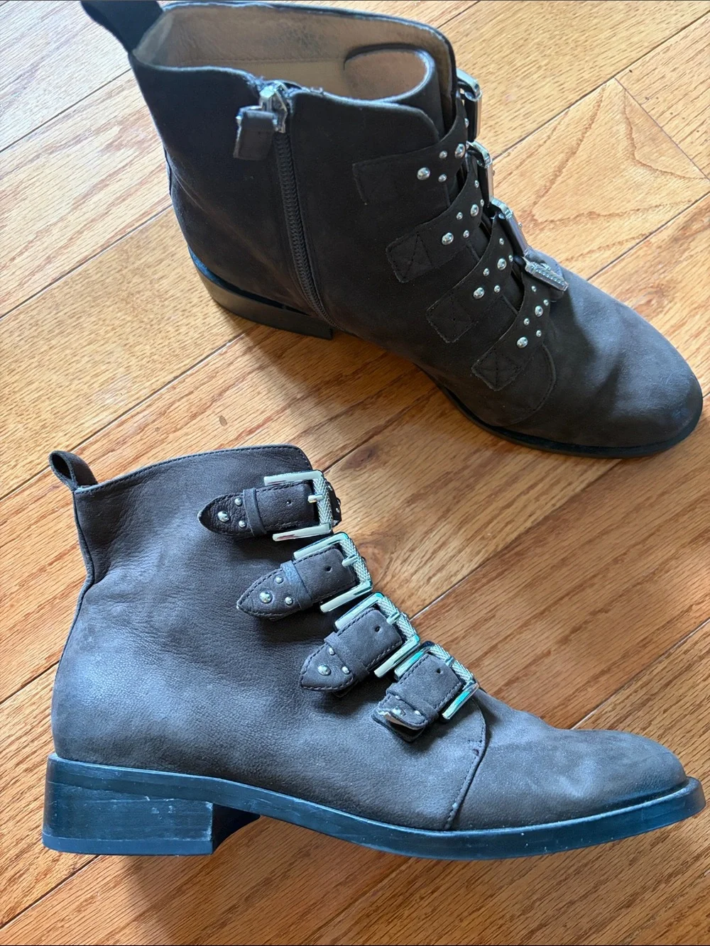 Halogen Dark Brown Buckle Stud Suede Ankle Boots